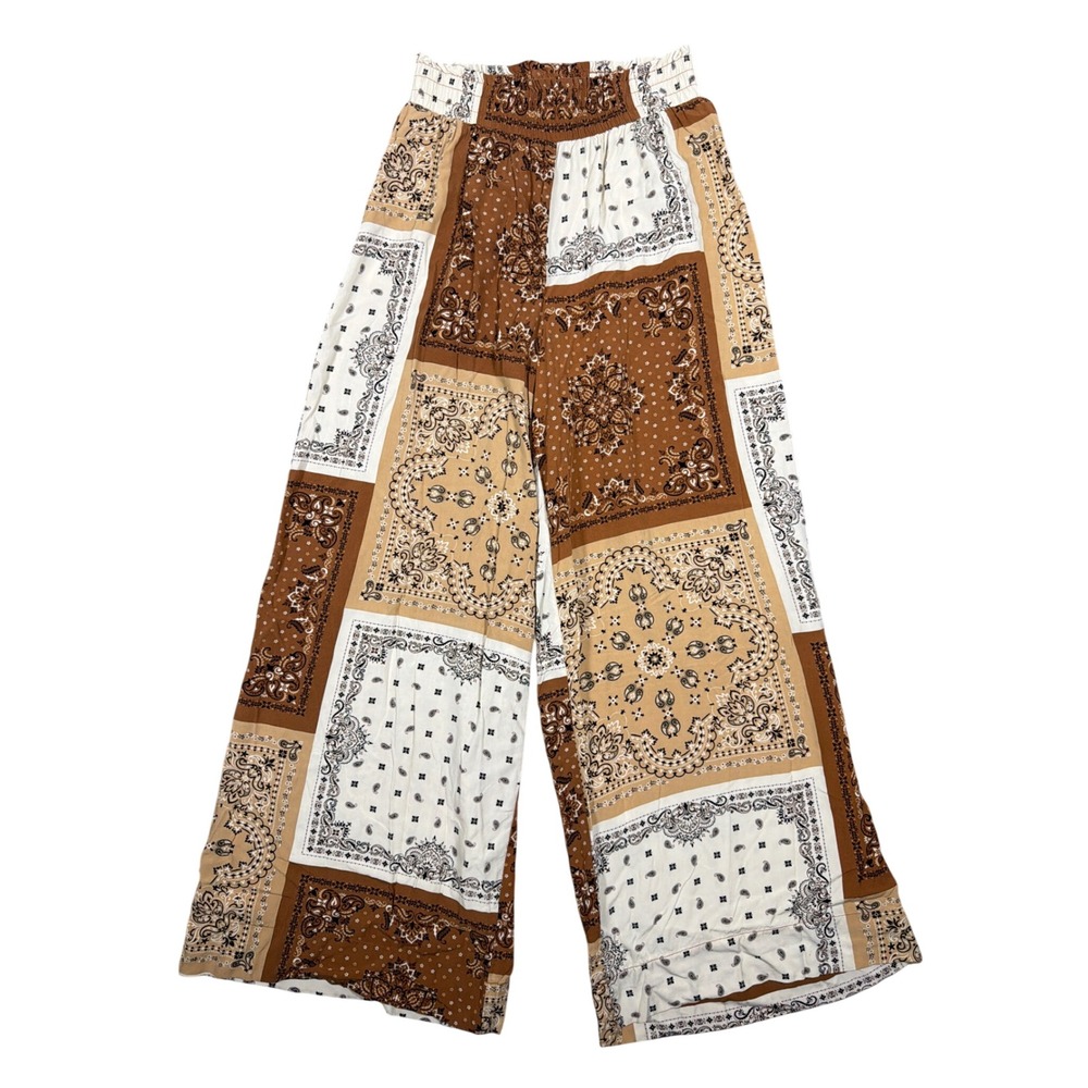 Marled Reunited Clothing Womens XS Brown Bandana Patchwork Wide Leg Boho Pants‎